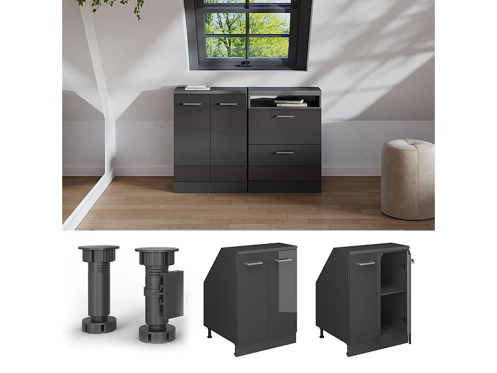 Meuble de rangement sous pente anthracite haute brillance 60x60x81.6 rion