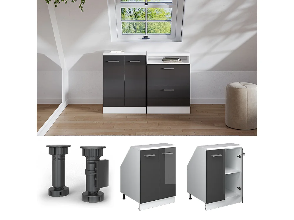 Meuble de rangement sous pente anthracite haute brillance 60x60x81.6 rion