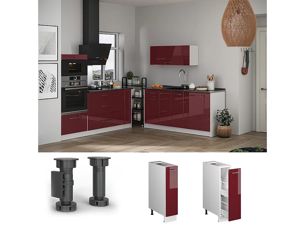 Meuble de cuisine rouge bordeaux haute brillance/blanc 20x60x82 fame-line