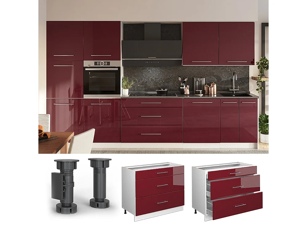 Meuble cuisine rouge bordeaux haute brillance/blanc 100x60x82 fame-line