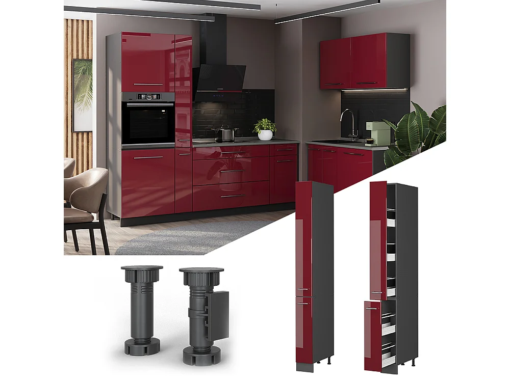 Meuble haute de cuisine rouge bordeaux haute brillance/anthracite 20x58x206.8 fame-line