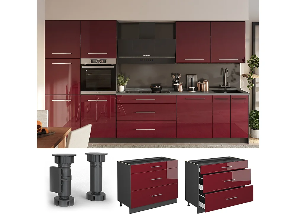 Meuble cuisine rouge bordeaux haute brillance/anthracite 100x60x82 fame-line