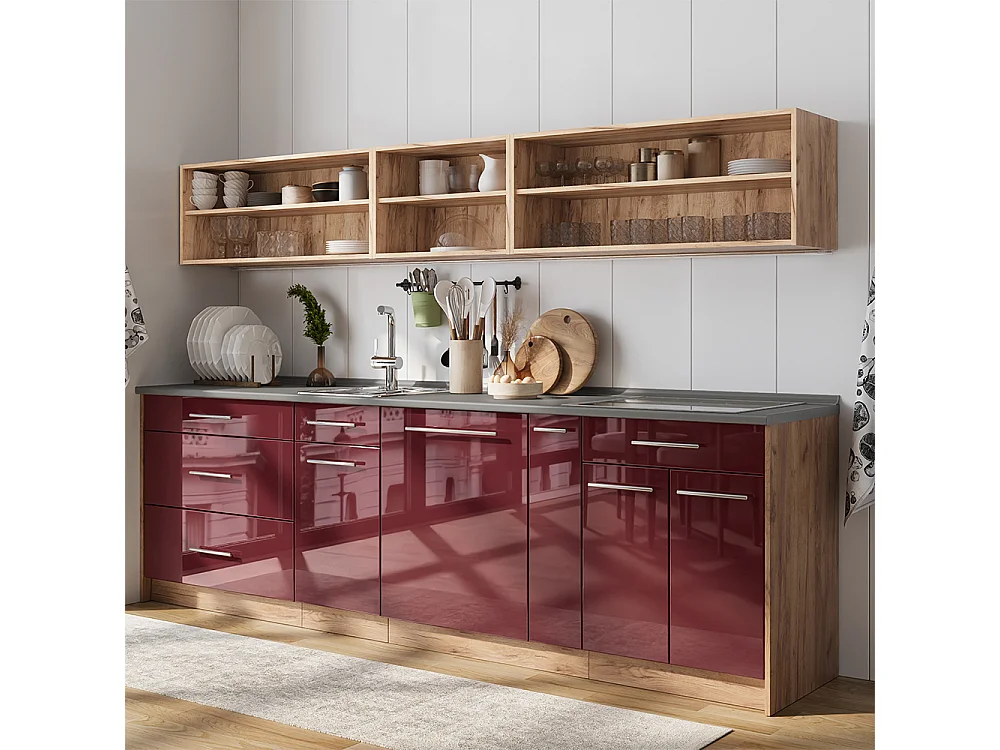 Meuble de cuisine rouge bordeaux haute brillance/chêne de force doré 20x60x82 fame-line