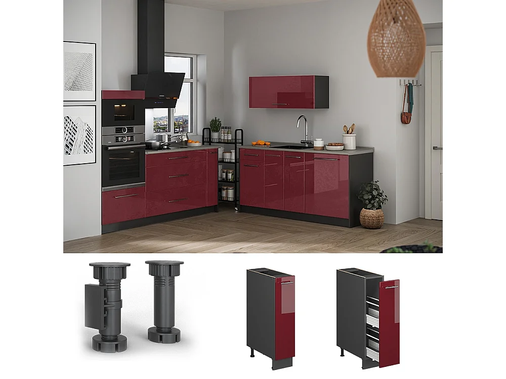 Meuble de cuisine rouge bordeaux haute brillance/anthracite 20x60x82 fame-line
