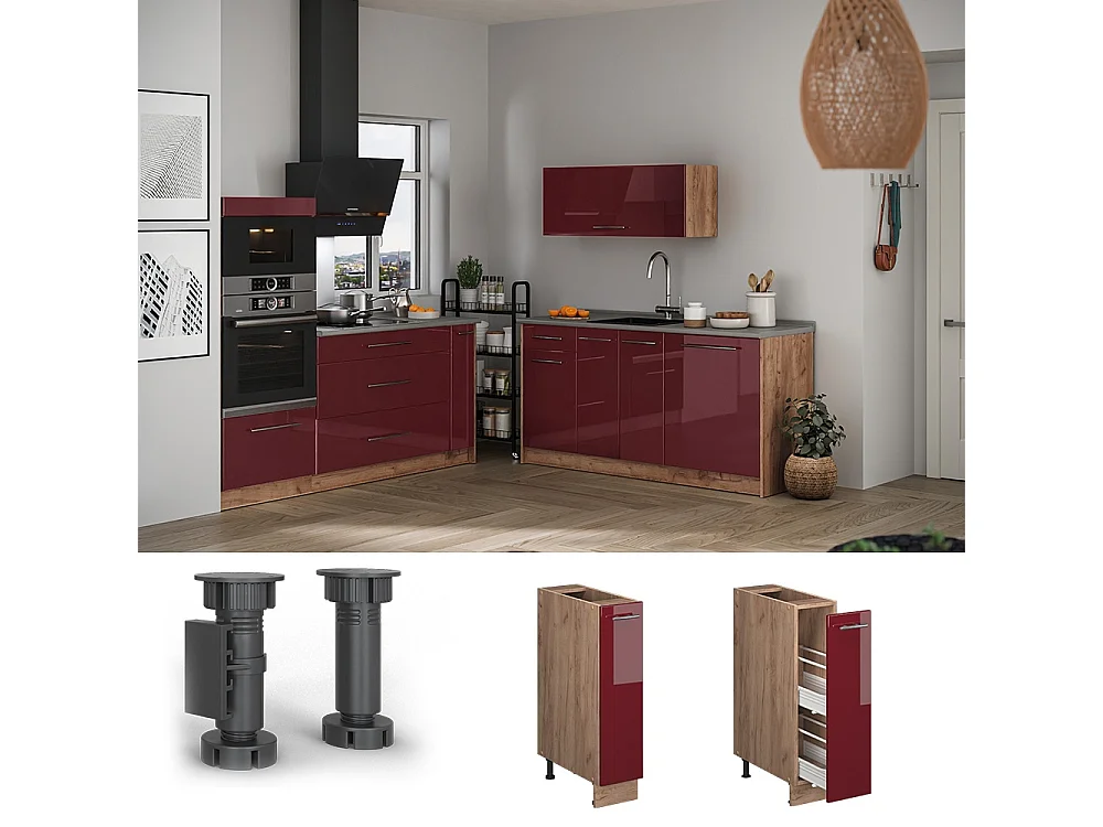 Meuble de cuisine rouge bordeaux haute brillance/chêne de force doré 20x60x82 fame-line
