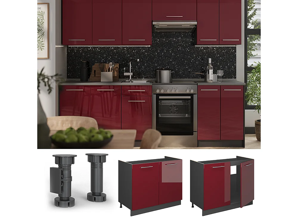 Meuble bas sous-évier rouge bordeaux haute brillance/anthracite 100x60x82 fame-line