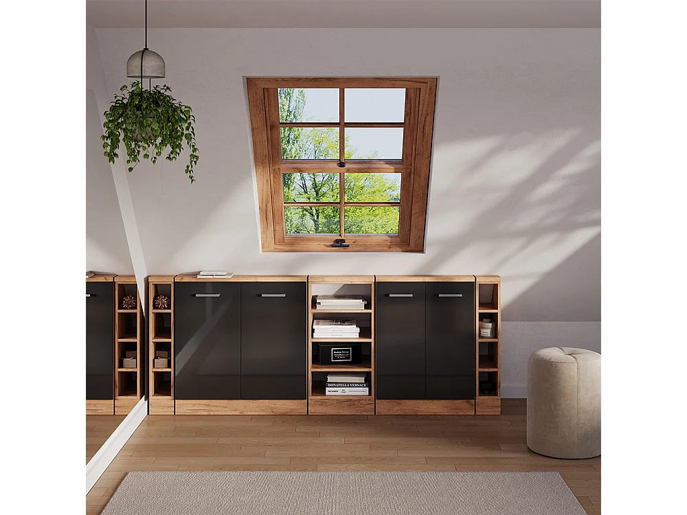 Dachschrägenschrank-Set anthrazit hochglanz/goldkraft eiche 210x46x81.6 rion
