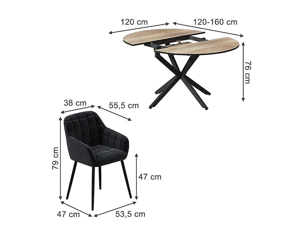 Dining table set rustic oak/black 120x120x76.5 loyd