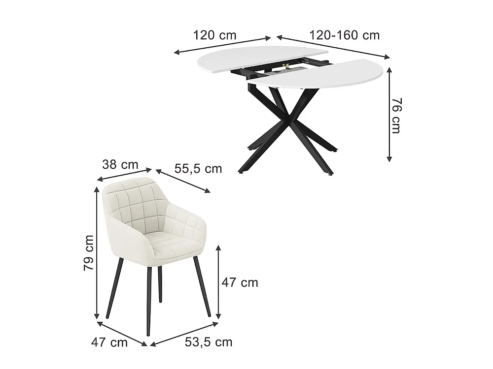 Dining table set white/black 120x120x76.5 loyd