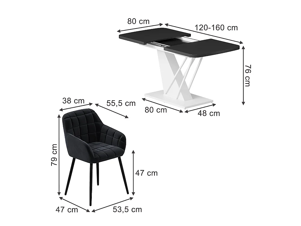 Conjunto de mesa de jantar preto/branco 120x80x77.4 fenaro