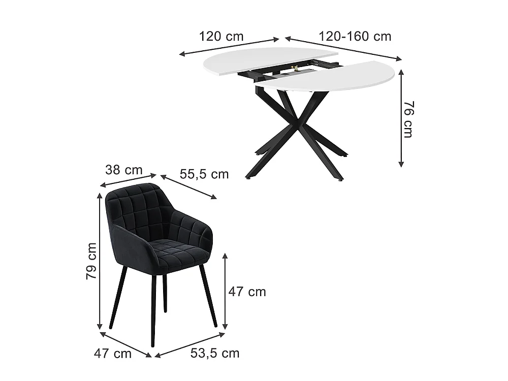 Dining table set white/black 120x120x76.5 loyd