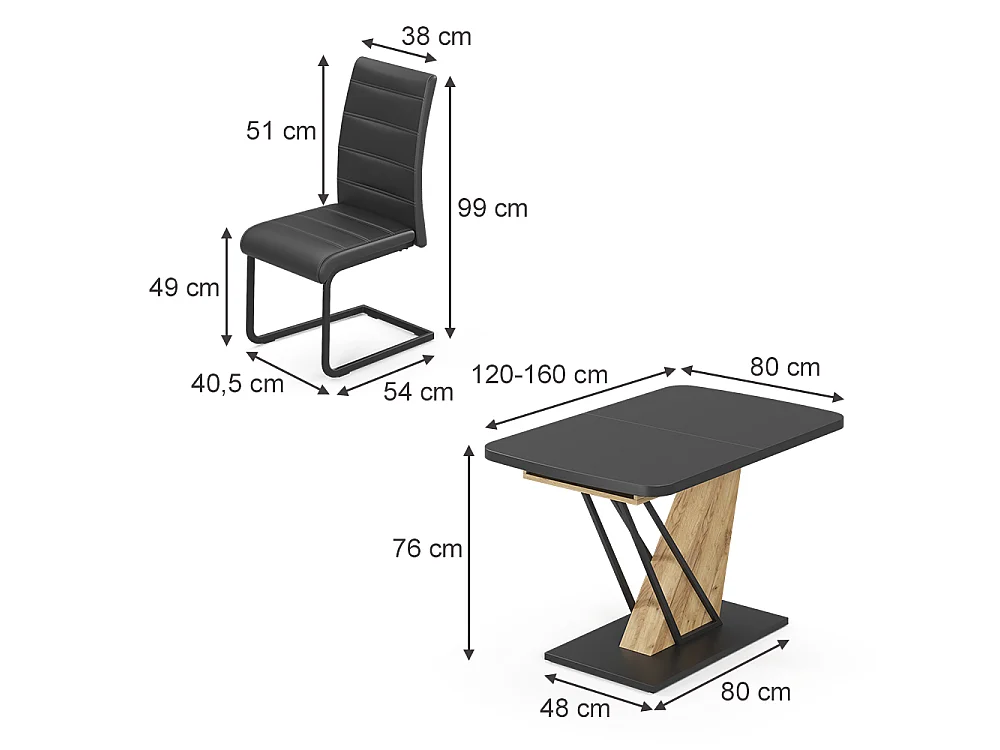 Conjunto de mesa de jantar preto/carvalho dourado 120x80x76 fenaro