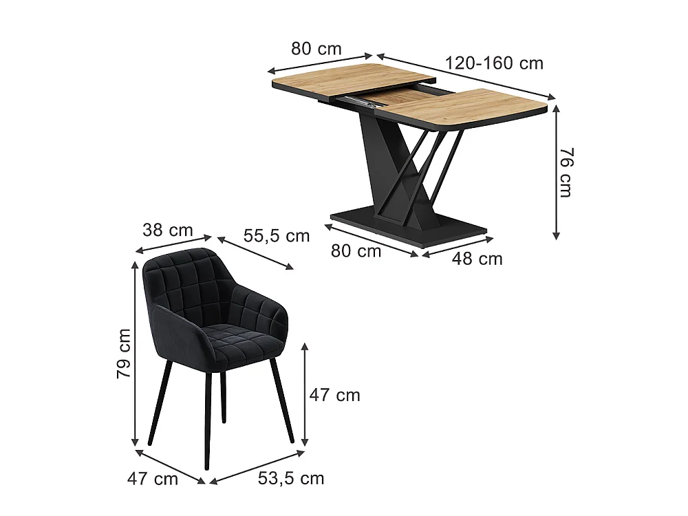 Dining table set goldkraft oak/black 120x80x77.4 fenaro