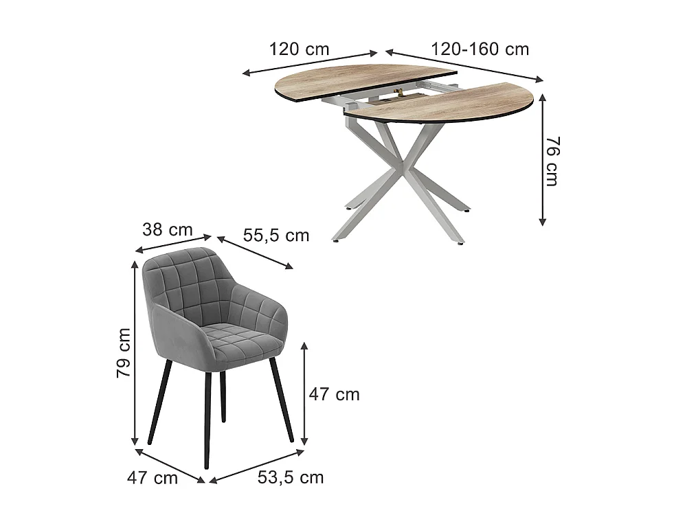 Dining table set rustic oak/grey 120x120x76.5 loyd