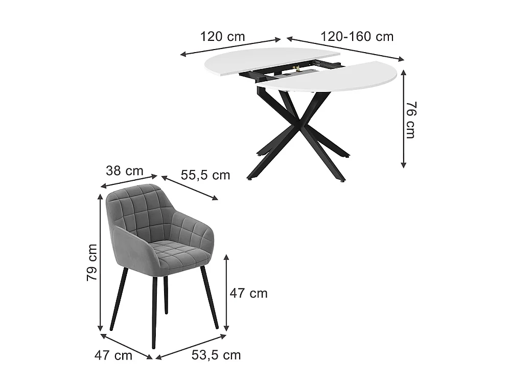 Dining table set white/black 120x120x76.5 loyd