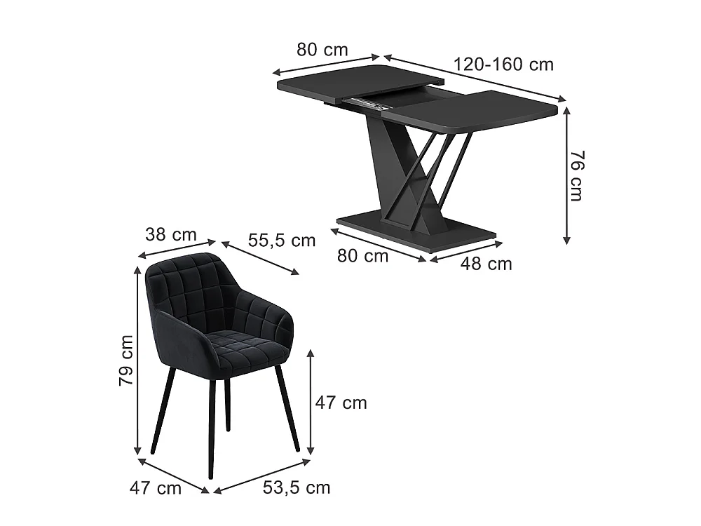 Eettafel set zwart 120x80x77.4 fenaro