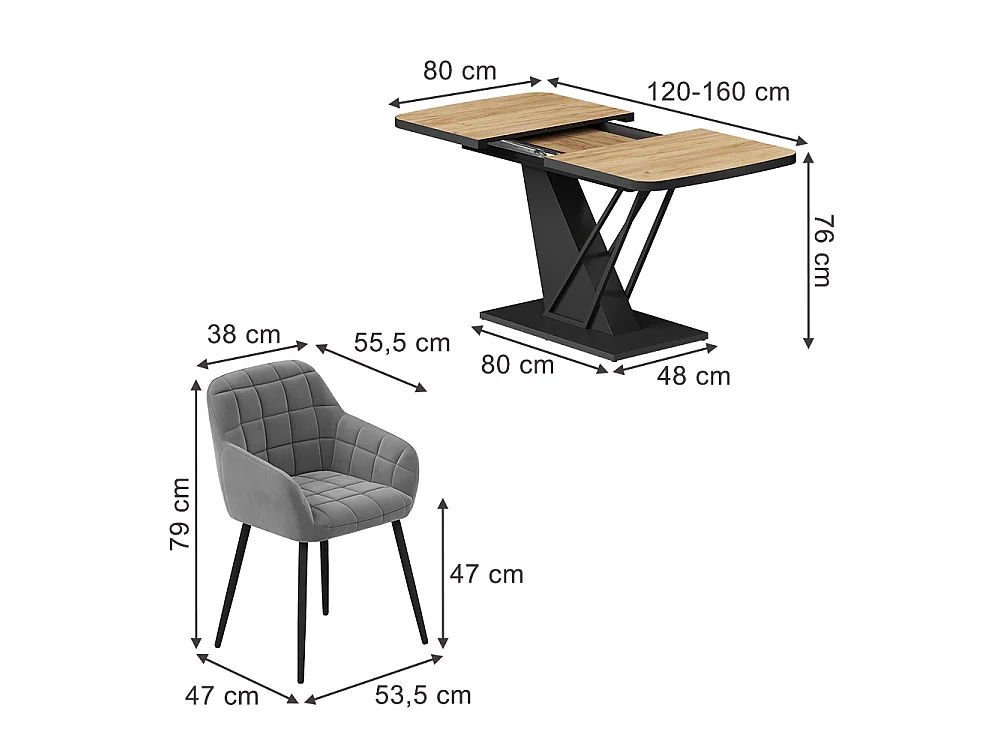 Dining table set goldkraft oak/black 120x80x77.4 fenaro