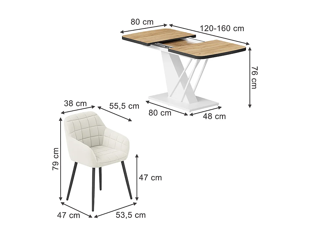 Dining table set goldkraft oak/white 120x80x77.4 fenaro