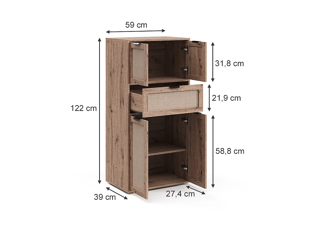 Cassettiera per camera da letto rovere 59x39x122 elven