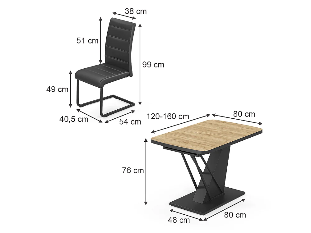 Dining table set goldkraft oak/black 120x80x76 fenaro