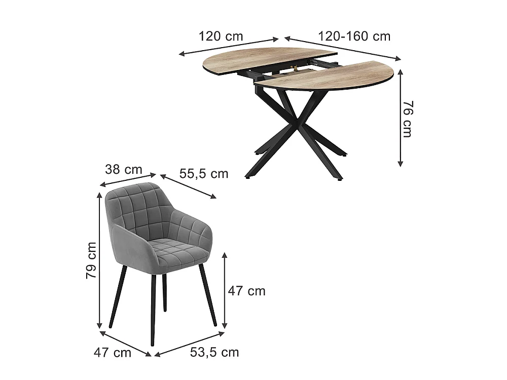 Dining table set rustic oak/black 120x120x76.5 loyd
