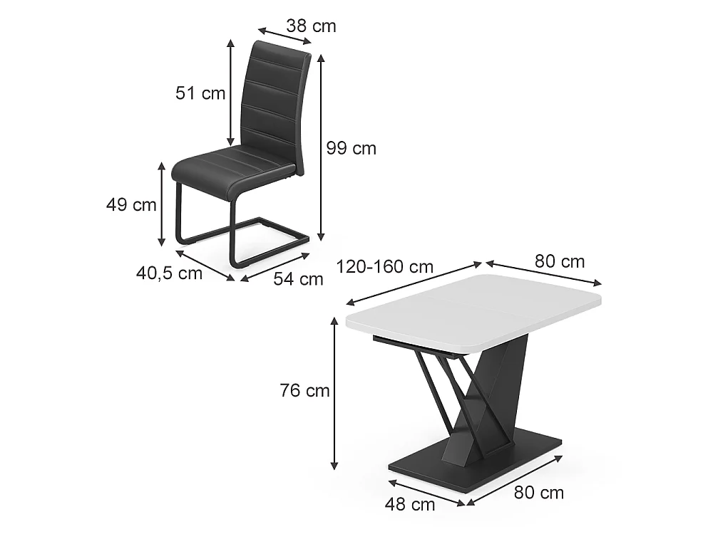 Dining table set white/black 120x80x76 fenaro