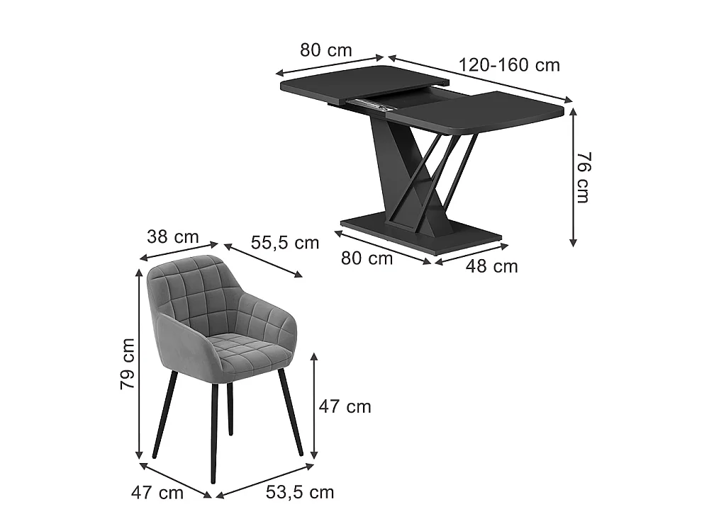 Eettafel set zwart 120x80x77.4 fenaro
