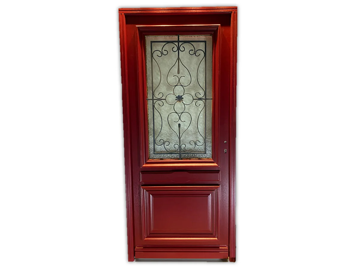 Puerta de entrada de madera con vidrio CanadÃ¡ Rojo PÃºrpura, H.215 x L.90 cm, lado de la tabla P, izquierda, manilla, bombín, botÃ³n, GD MENUISERIES sin manilla