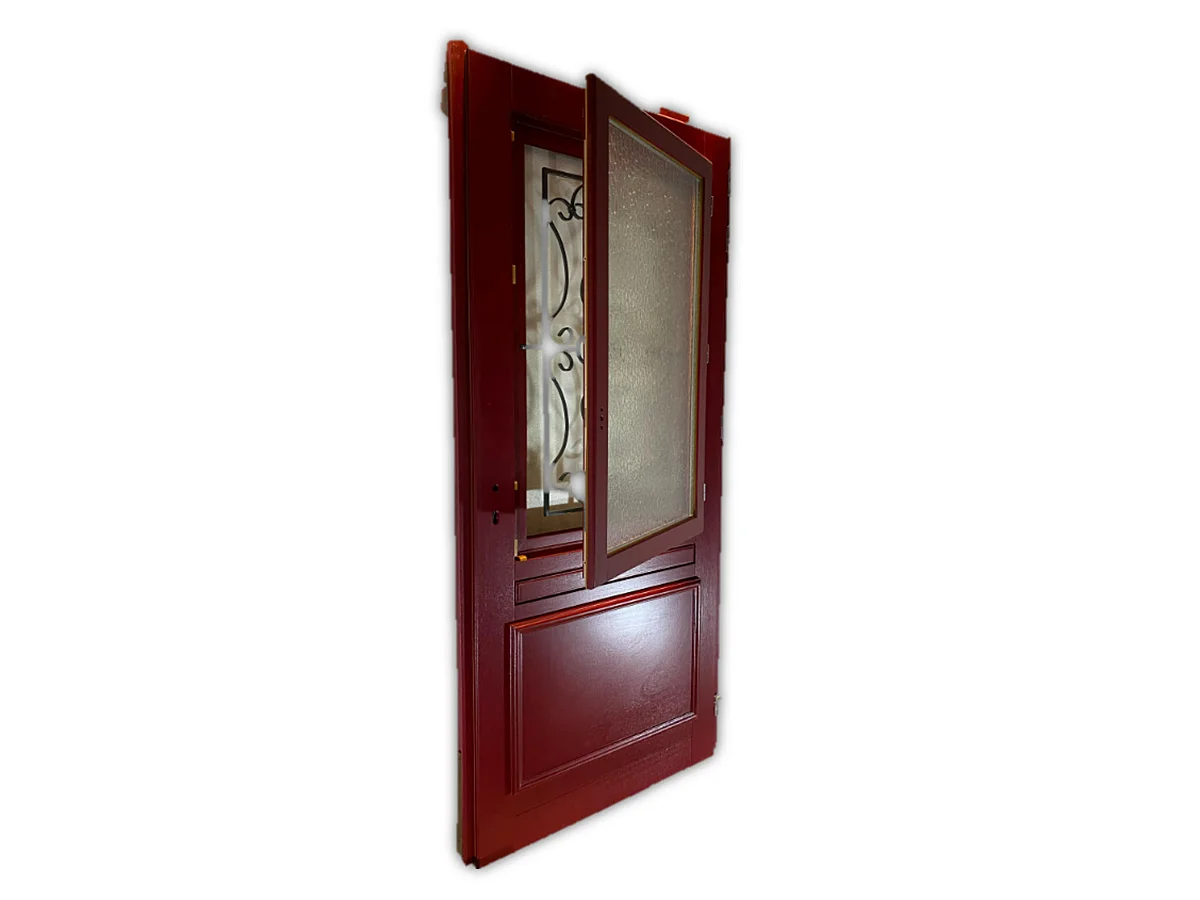 Puerta de entrada de madera con vidrio CanadÃ¡ Rojo PÃºrpura, H.215 x L.90 cm, lado de la tabla P, izquierda, manilla, bombín, botÃ³n, GD MENUISERIES sin manilla