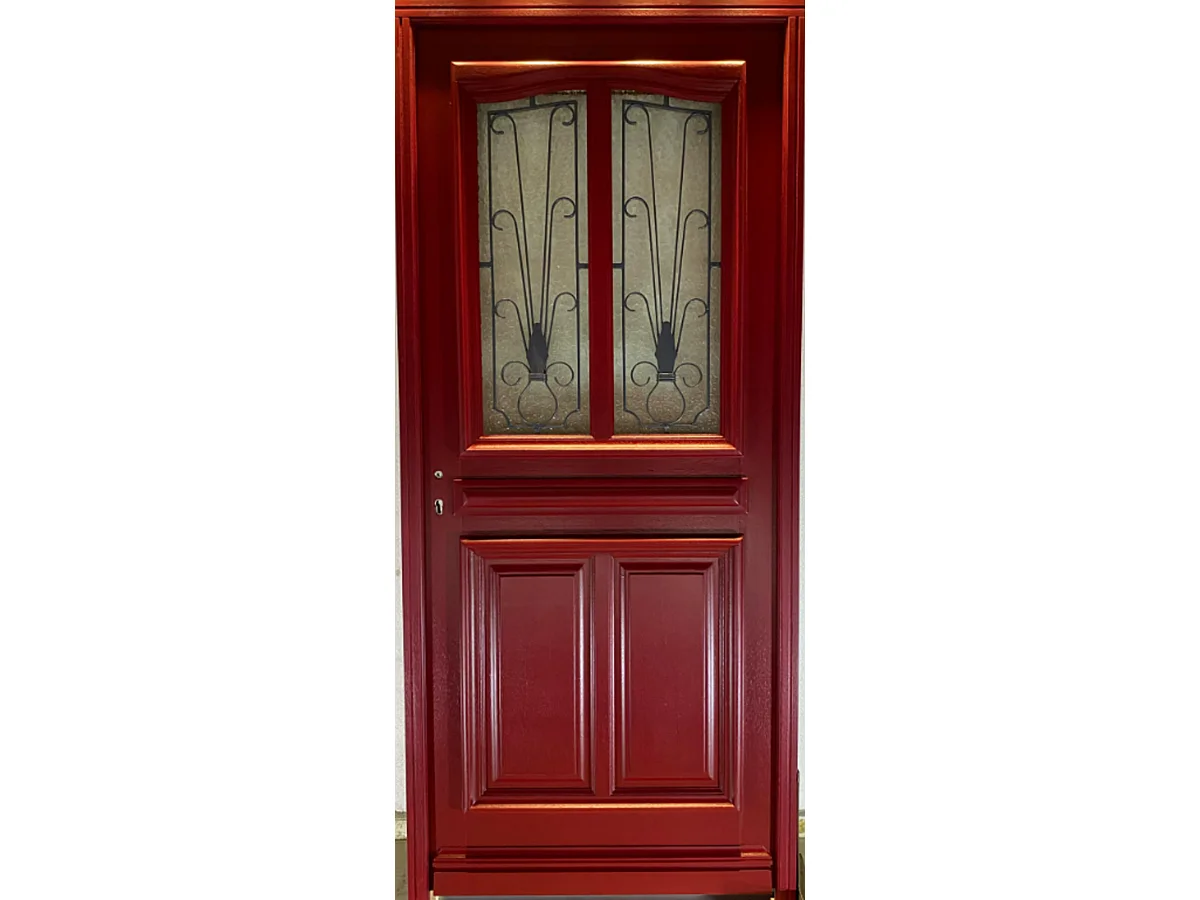 Puerta de entrada de madera con vitrina Martine Roja PÃºrpura, H.215xL.90 cm, lado de la tabla, p. derecho, pomo, bombín, botÃ³n, GD MENUISERIES sin manilla