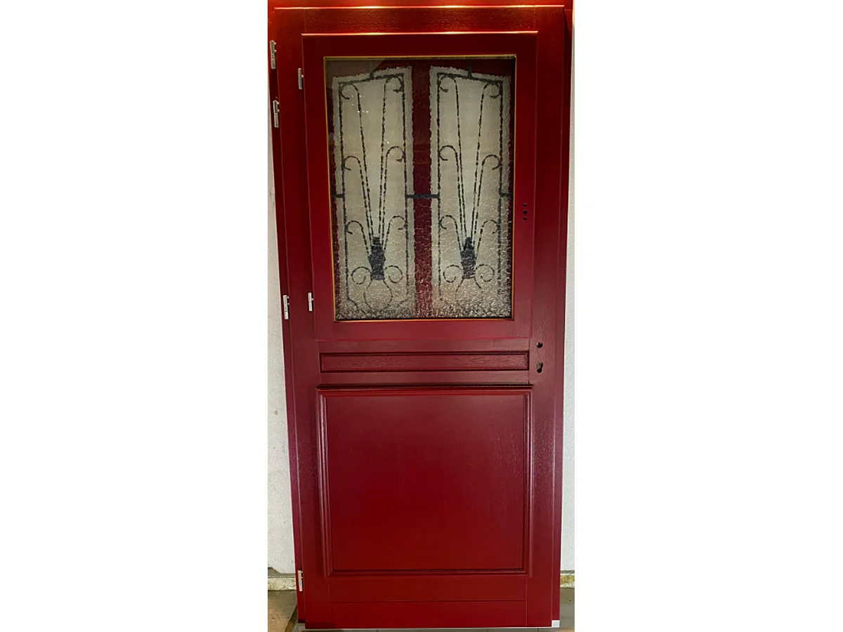Puerta de entrada de madera con vitrina Martine Roja PÃºrpura, H.215xL.90 cm, lado de la tabla, p. derecho, pomo, bombín, botÃ³n, GD MENUISERIES sin manilla