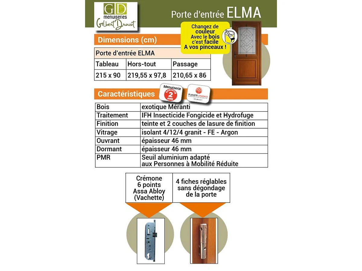 Puerta de entrada de madera con vidrio Elma, H.215 x 90 cm, lado de la tabla izquierda, pomo, cilindro, GD MENUISERIES sin manilla