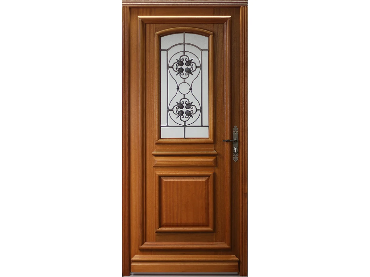 Puerta de entrada de madera con vitrina Tahi 4, H.215 x L.90 cm, lado del tablero P. izquierdo, manilla, cilindro de GD MENUISERIES sin manilla
