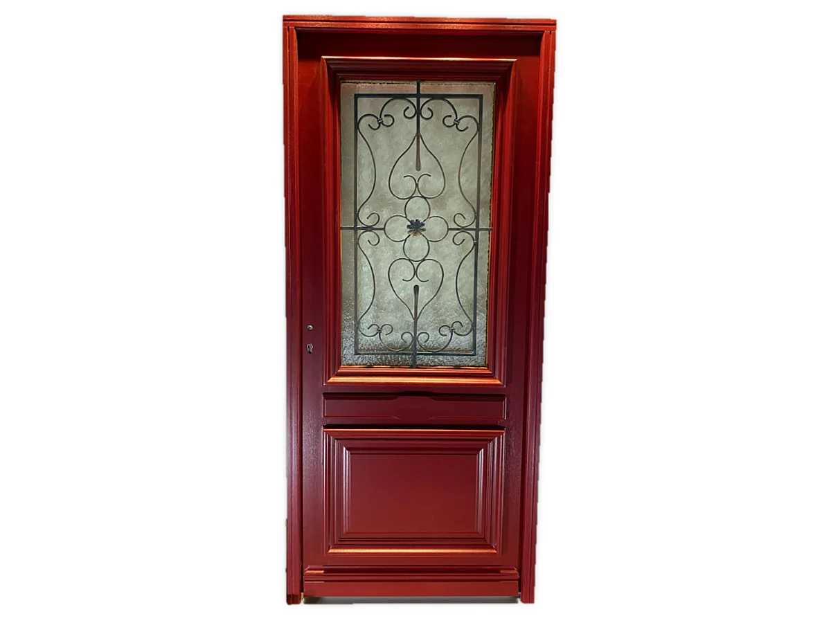 Puerta de entrada de madera con vidrio CanadÃ¡ Rojo PÃºrpura, H.215 x L.90 cm, lado tablero derecho, pomo, cilindro, botÃ³n, GD MENUISERIES sin manilla