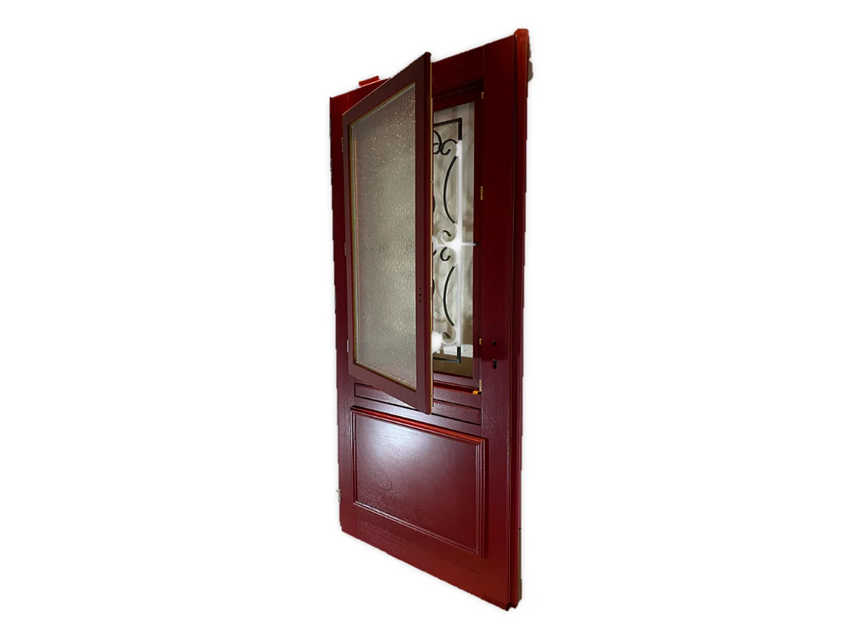 Puerta de entrada de madera con vidrio CanadÃ¡ Rojo PÃºrpura, H.215 x L.90 cm, lado tablero derecho, pomo, cilindro, botÃ³n, GD MENUISERIES sin manilla