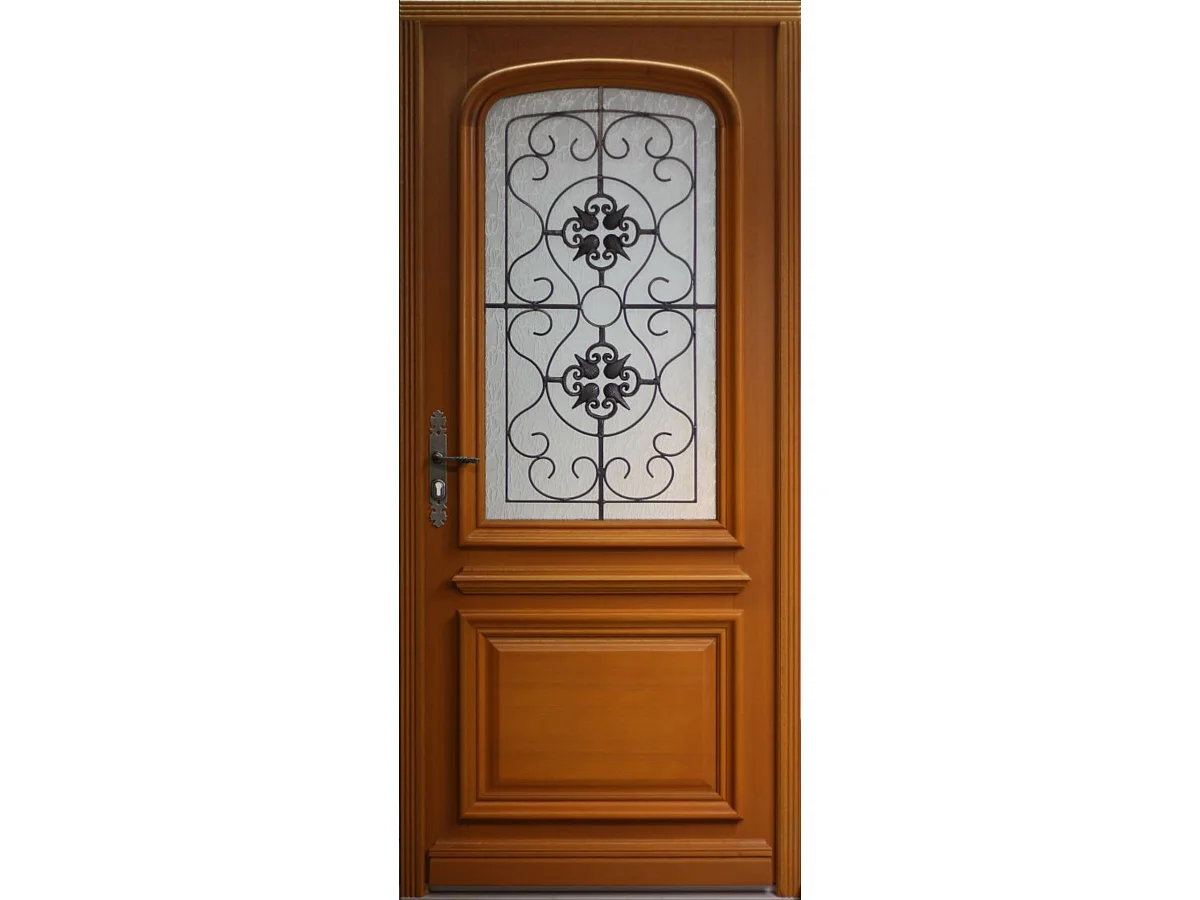 Puerta de entrada de madera con vitrina Adele, H.215xL.90 cm, lado de la tabla P. izquierda, pomo, cilindro, botÃ³n, GD MENUISERIES sin manilla