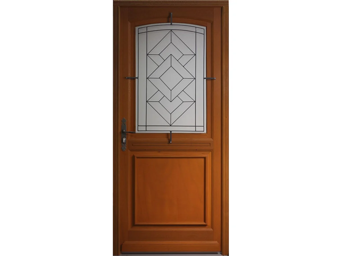 Puerta de entrada de madera con cristal Elma, H.215 x L.90 cm, lado de la tabla, derecho, manilla, bombillo, GD MENUISERIES sin manilla