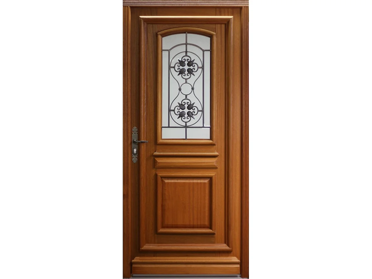 Puerta de entrada de madera con cristal Tahi 4, H.215xL.90 cm, lado del tablero derecho, pomo, bombillo de GD MENUISERIES sin manilla