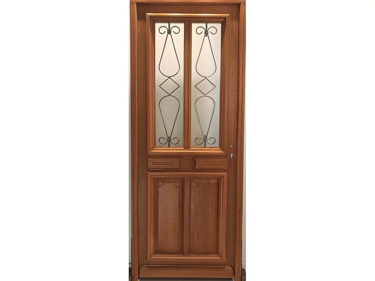 Puerta de entrada de madera con vitrina Baya, H.215xL.80 cm, lado del tablero izquierdo, pomo, cilindro, botÃ³n, GD MENUISERIES sin manilla