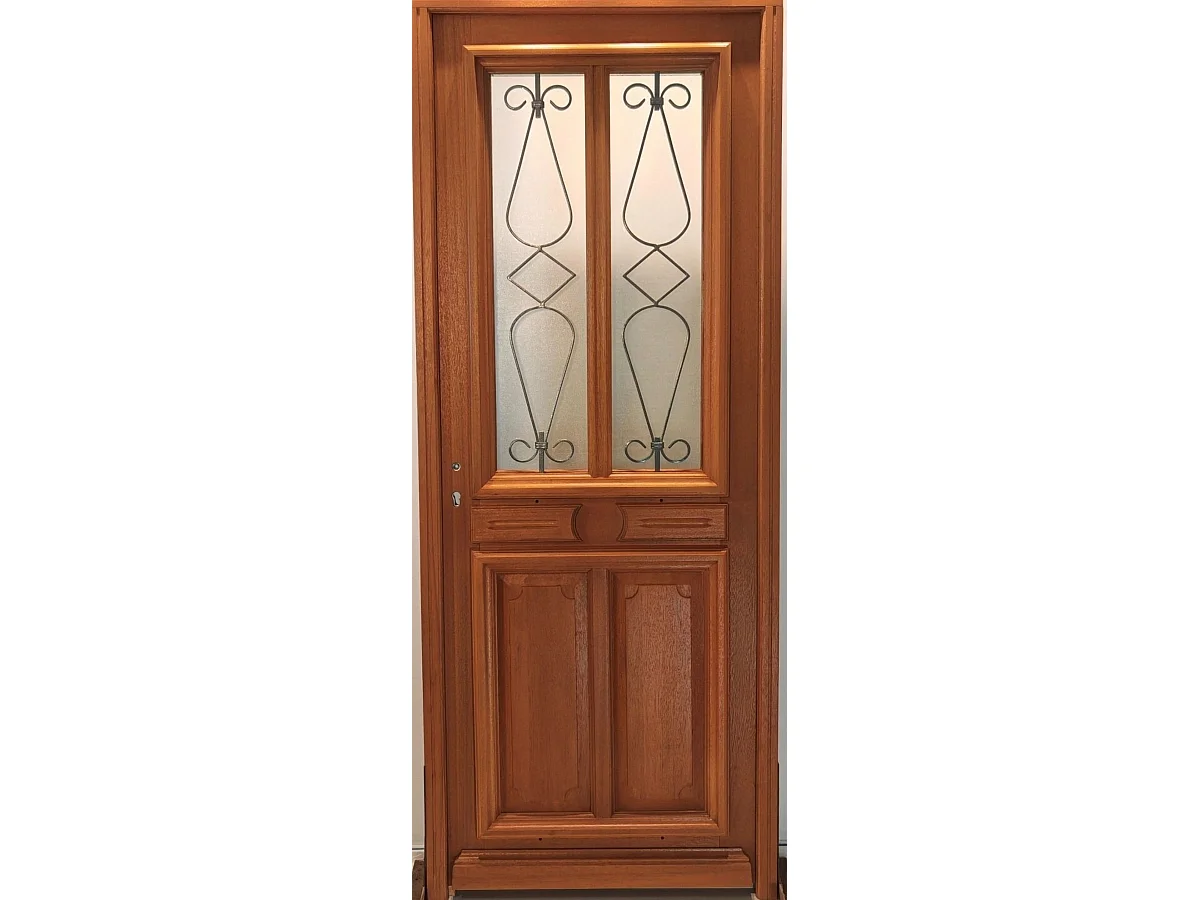 Puerta de entrada de madera con cristalera Baya, H.200 x 1.80 m, lado del tablero derecho, pomo, cilindro, botÃ³n, GD MENUISERIES sin manilla