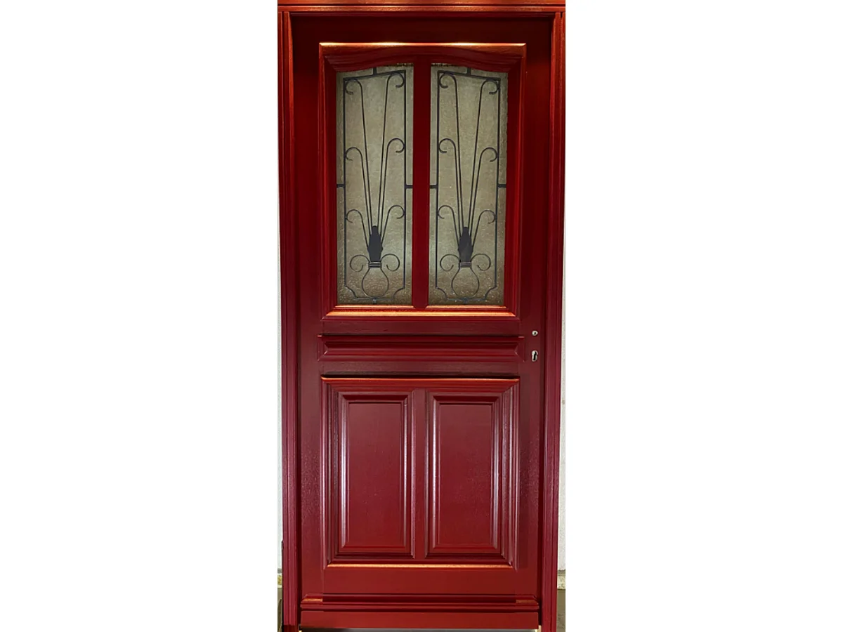 Puerta de entrada de madera con cristal Martine Rojo PÃºrpura, H.215 x L.90 cm, lado del tablero izquierdo, pomo, bombín, botÃ³n, GD MENUISERIES sin manilla