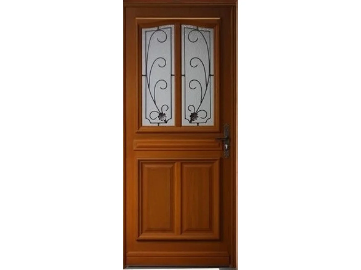 Puerta de entrada de madera con cristal Mathis, H.215 x 80 cm, lado del tablero izquierdo, pomo, bombín, botÃ³n, GD MENUISERIES sin manilla