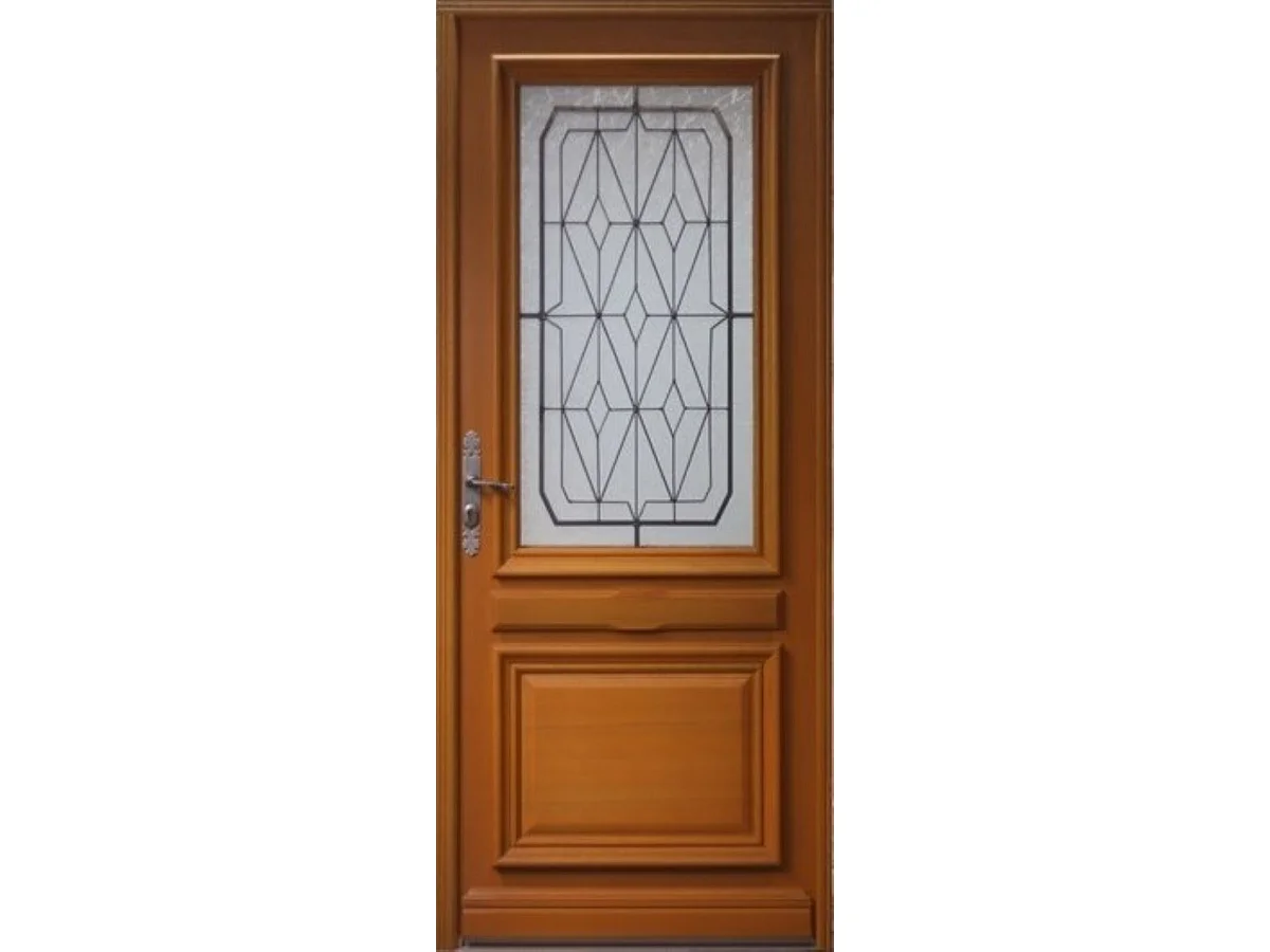 Puerta de entrada de madera con cristalera en color anis, H.215 x 90 cm, lado del tablero derecho, pomo, cilindro, botÃ³n, GD MENUISERIES sin manilla