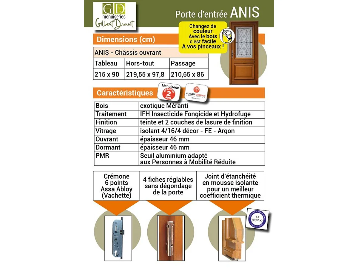 Puerta de entrada de madera con cristalera en color anis, H.215 x 90 cm, lado del tablero derecho, pomo, cilindro, botÃ³n, GD MENUISERIES sin manilla