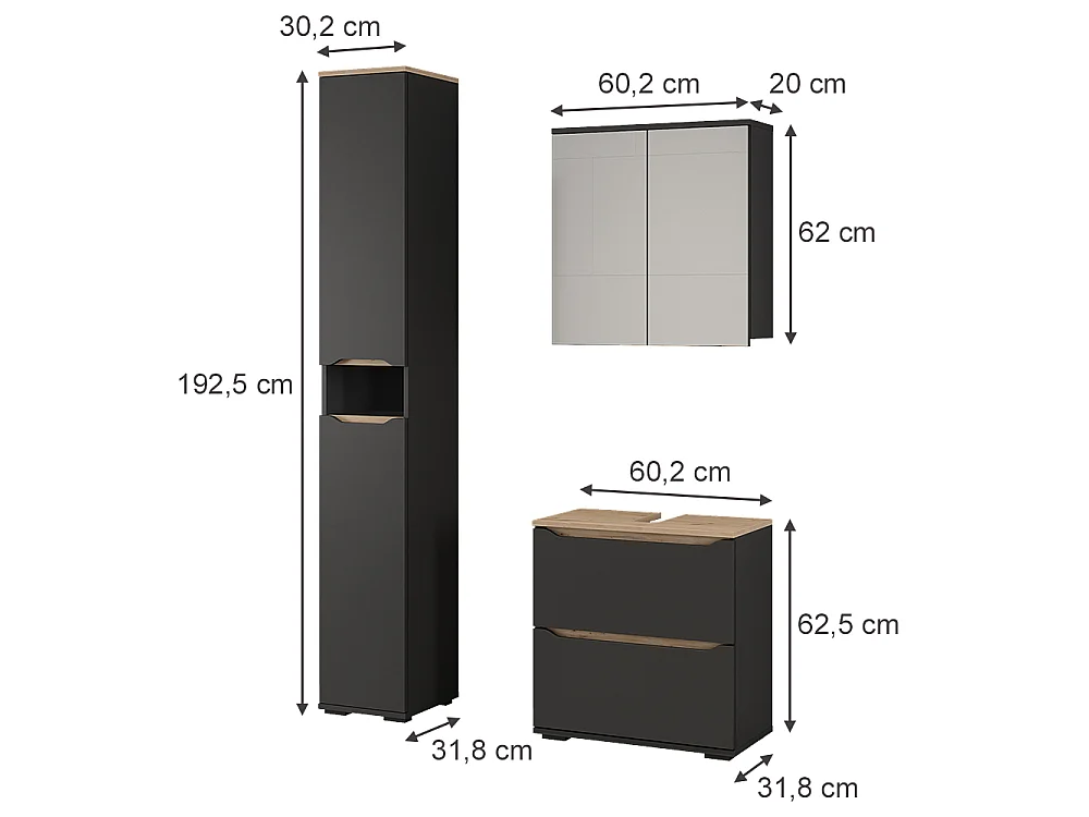 Zestaw mebli łazienkowych antracyt/dąb artisan 60.2x20x62 ruben
