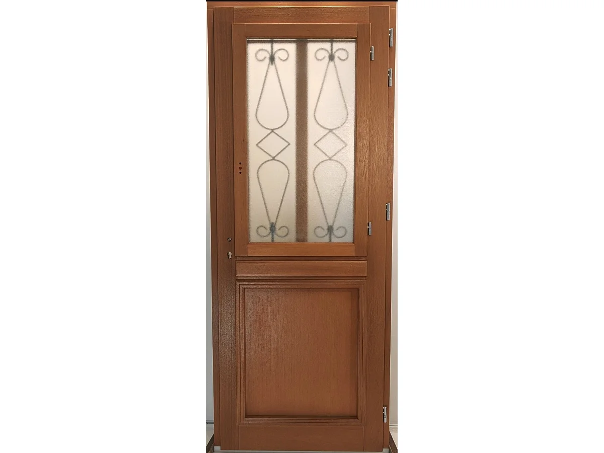 Puerta de entrada de madera con cristal Baya, H.200 x L.90 cm, lado del tablero P, izquierda, pomo, cilindro, botÃ³n, GD MENUISERIES sin manilla