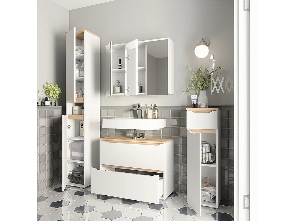 Zestaw mebli łazienkowych biały/dąb artisan 80.2x20x62 ruben