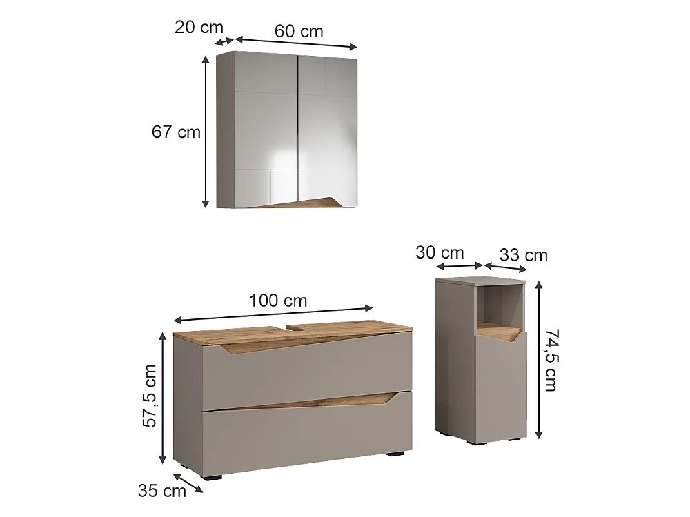Meubles bain grège/chêne artisan 100x35x57.5 marelle