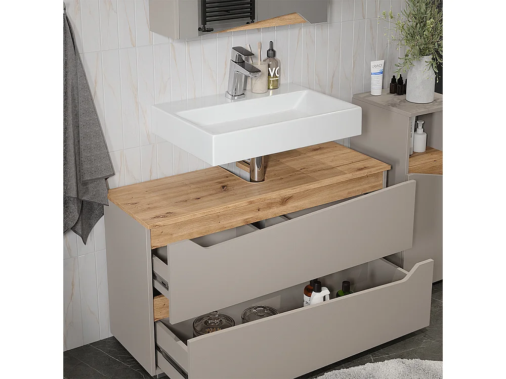 Meubles bain grège/chêne artisan 100x35x57.5 marelle