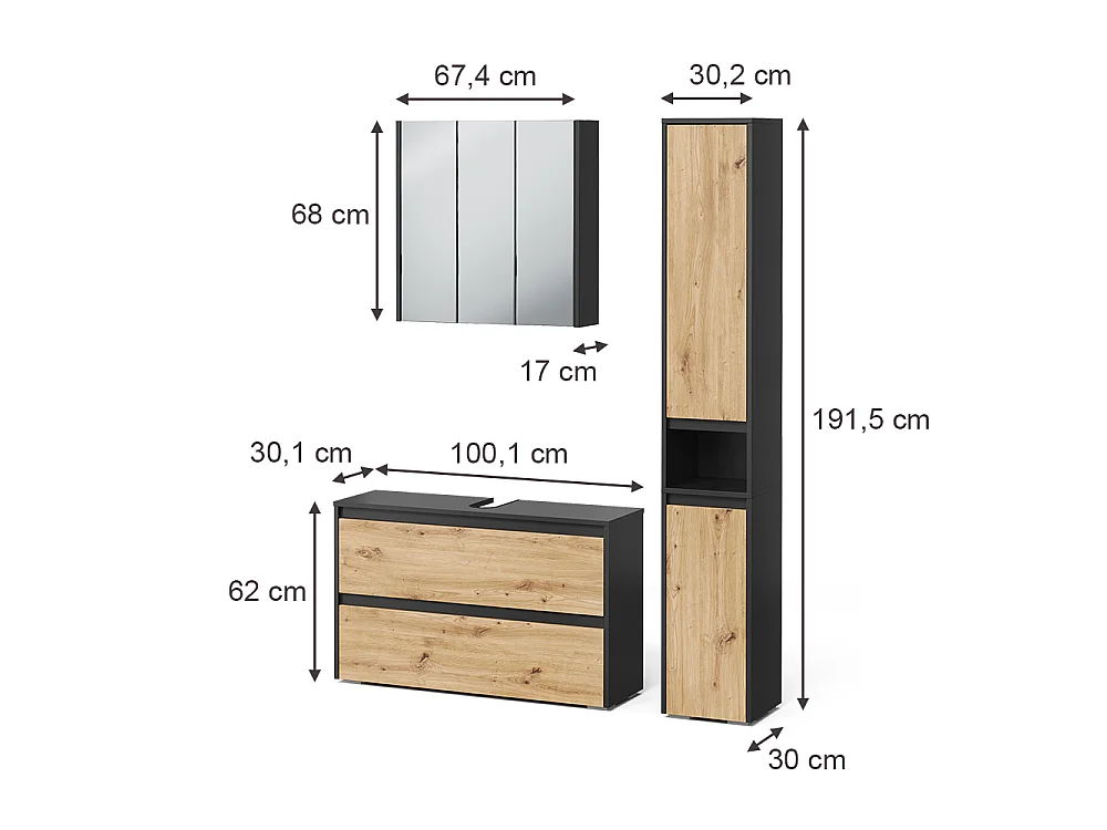 Zestaw mebli łazienkowych antracyt/dąb artisan 100x30.1x62 majest